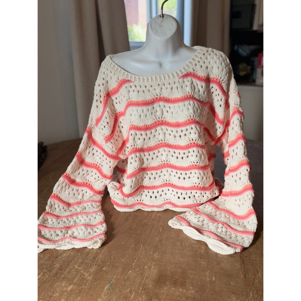 Altar'd State XXL Cream Pink Wavy Stripe Open Knit Crochet Sweater Boho Chic
